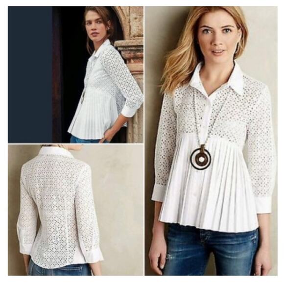 Anthropologie Tops - Anthropologie HD in Paris Pleated Eyelet Blouse 4 White
